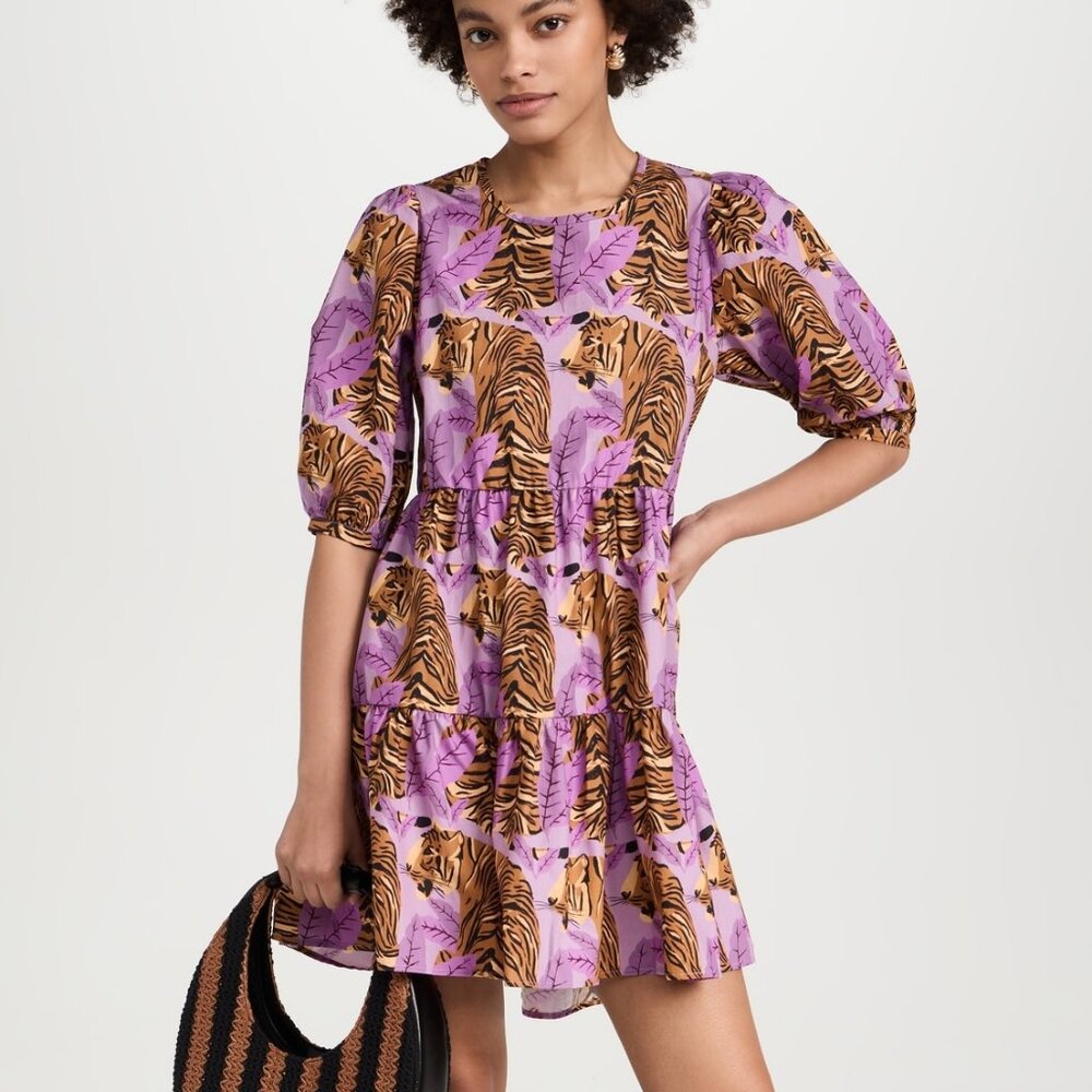 Tiger Leaves Lavender Puff Sleeve Mini Dress